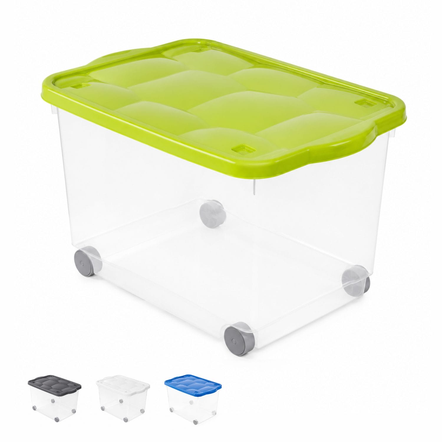 Contenitore multiuso trasparente con ruote e coperchio verde per riporre oggetti in casa