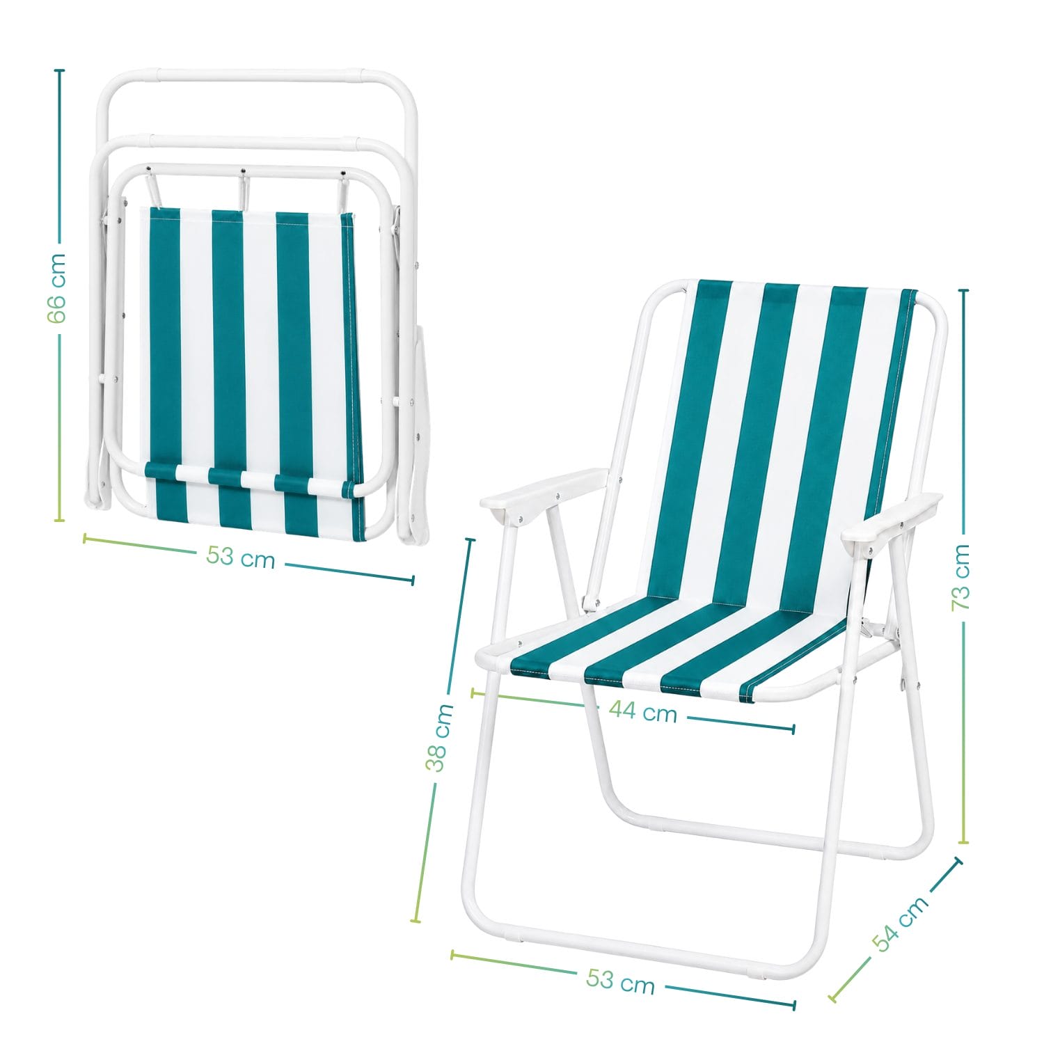 Sedia da mare pieghevole a righe verde acqua con braccioli e misure 53x54x73 cm, chiusa e aperta