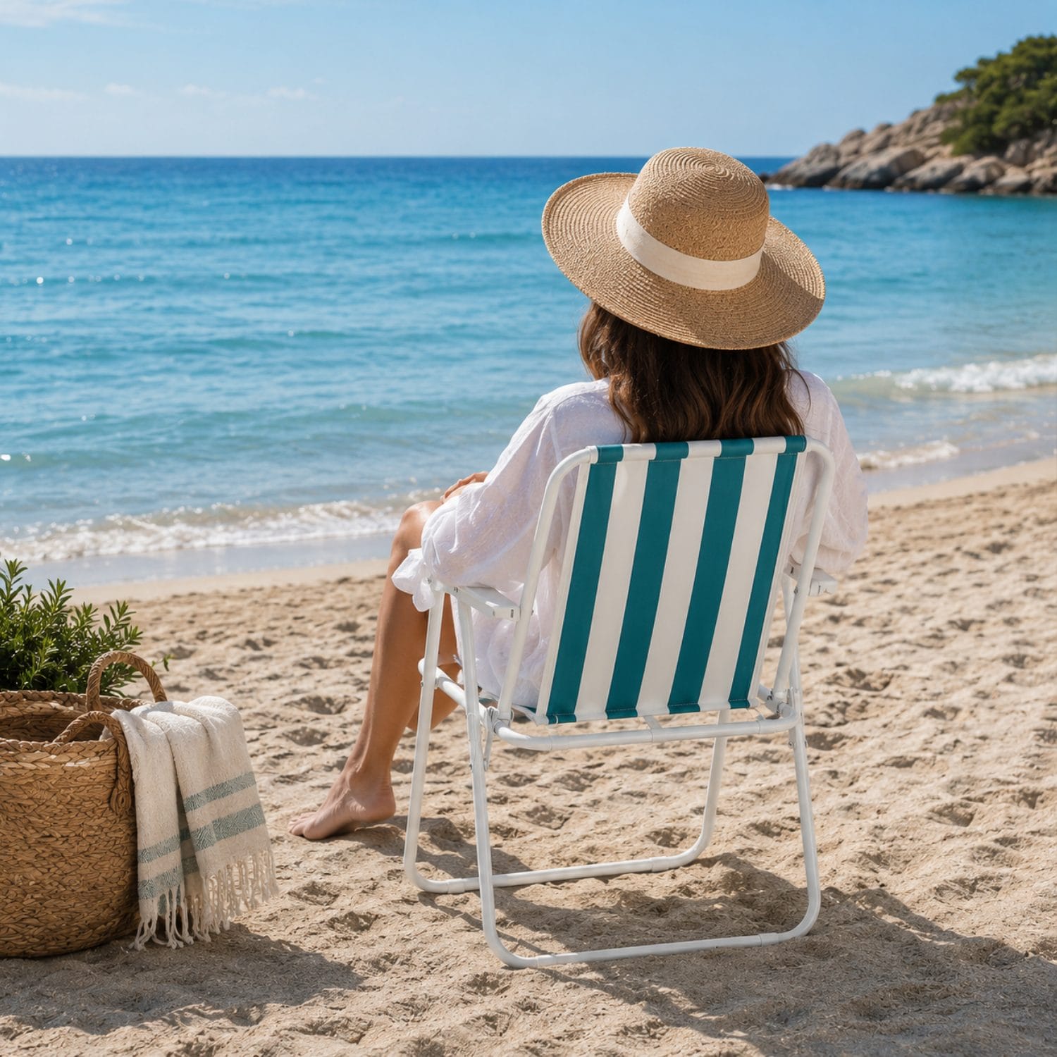 Sedia da mare pieghevole a righe verde acqua vista da dietro, utilizzata sulla spiaggia davanti al mare