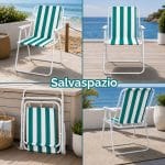 Sedia da mare a righe verde acqua mostrata aperta, frontale, posteriore e richiusa per occupare meno spazio