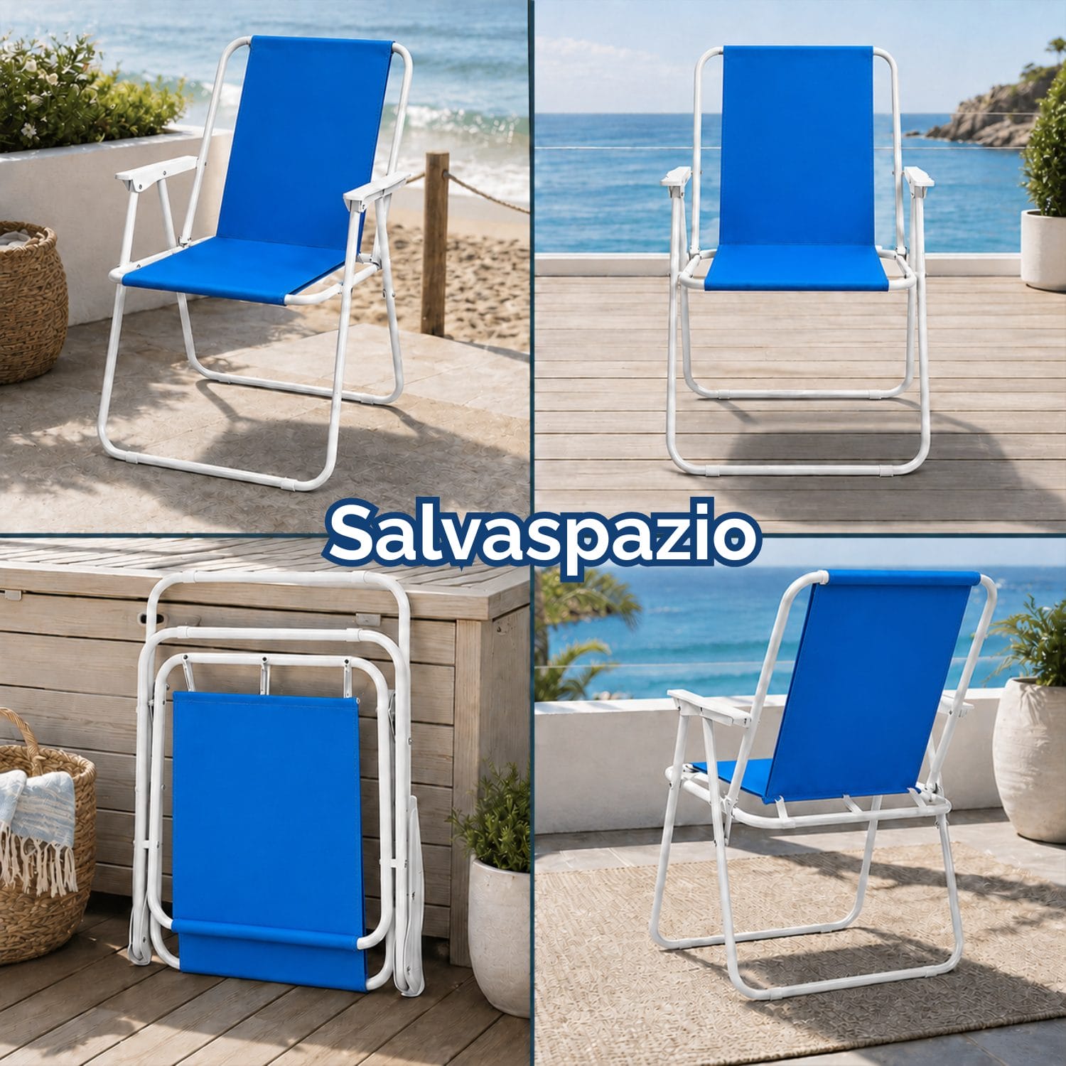 Sedia mare azzurra pieghevole salvaspazio Sedia da mare azzurra con braccioli mostrata aperta, frontale, posteriore e ripiegata per occupare poco spazio