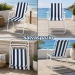 Sedia pieghevole da spiaggia a righe blu e bianche con braccioli, mostrata aperta e chiusa in ambiente marino