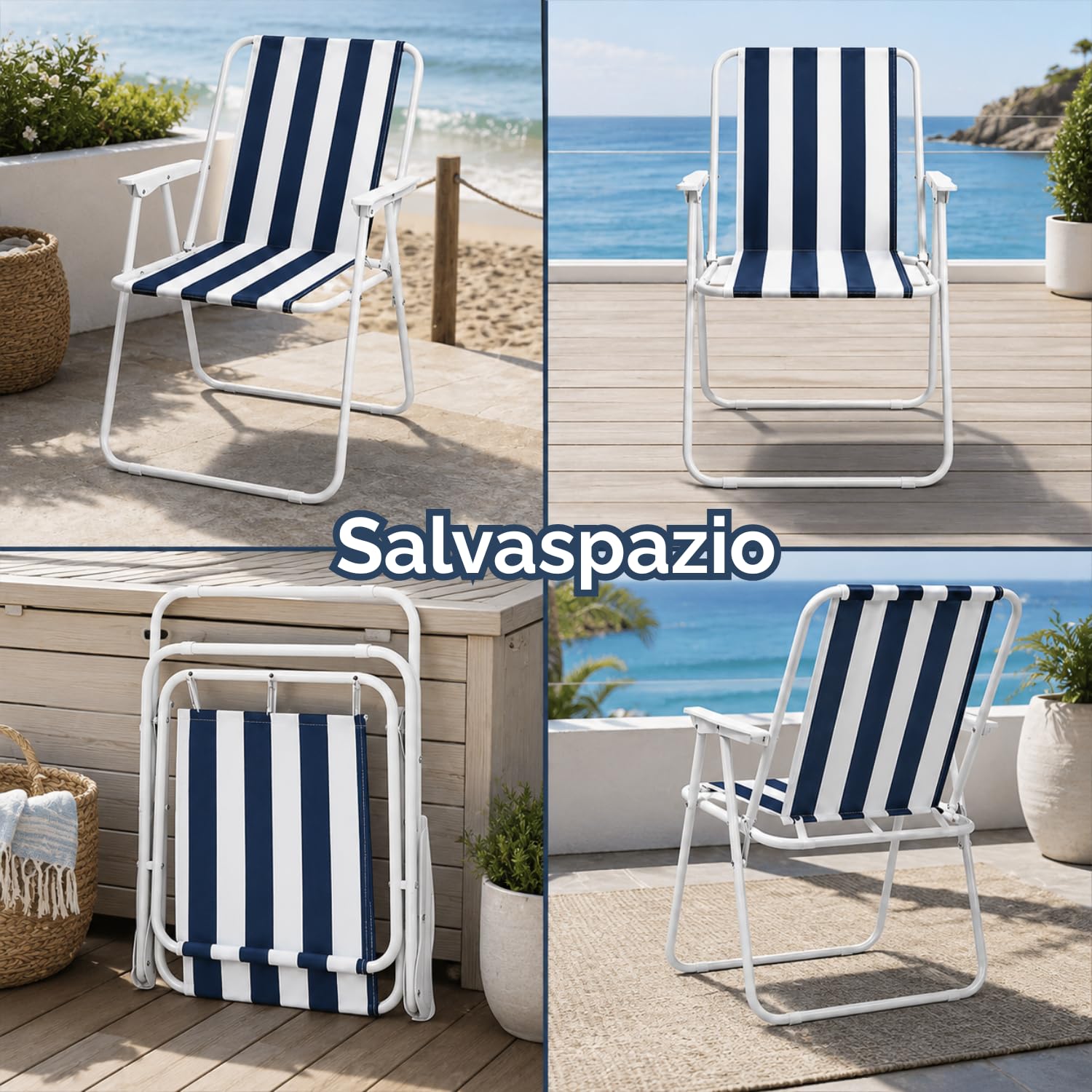 Sedia pieghevole da spiaggia a righe blu e bianche con braccioli, mostrata aperta e chiusa in ambiente marino