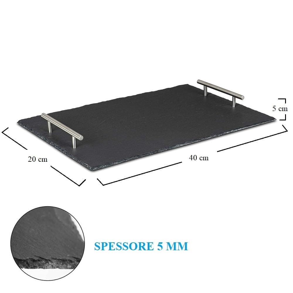vassoio rettangolare in ardesia nera 40x20 cm con manici in metallo satinato spessore 5 mm