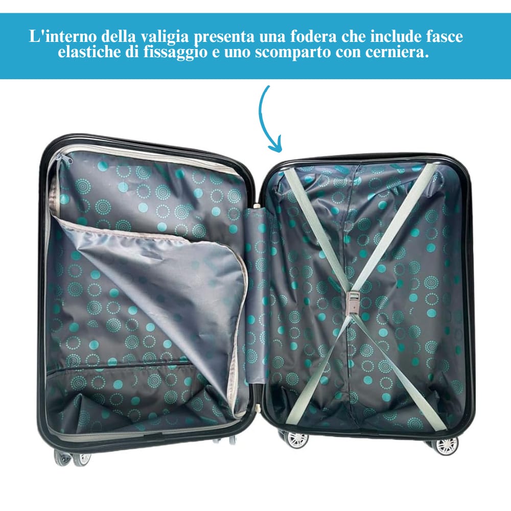 Valigia da viaggio 55 cm aperta con fasce elastiche interne