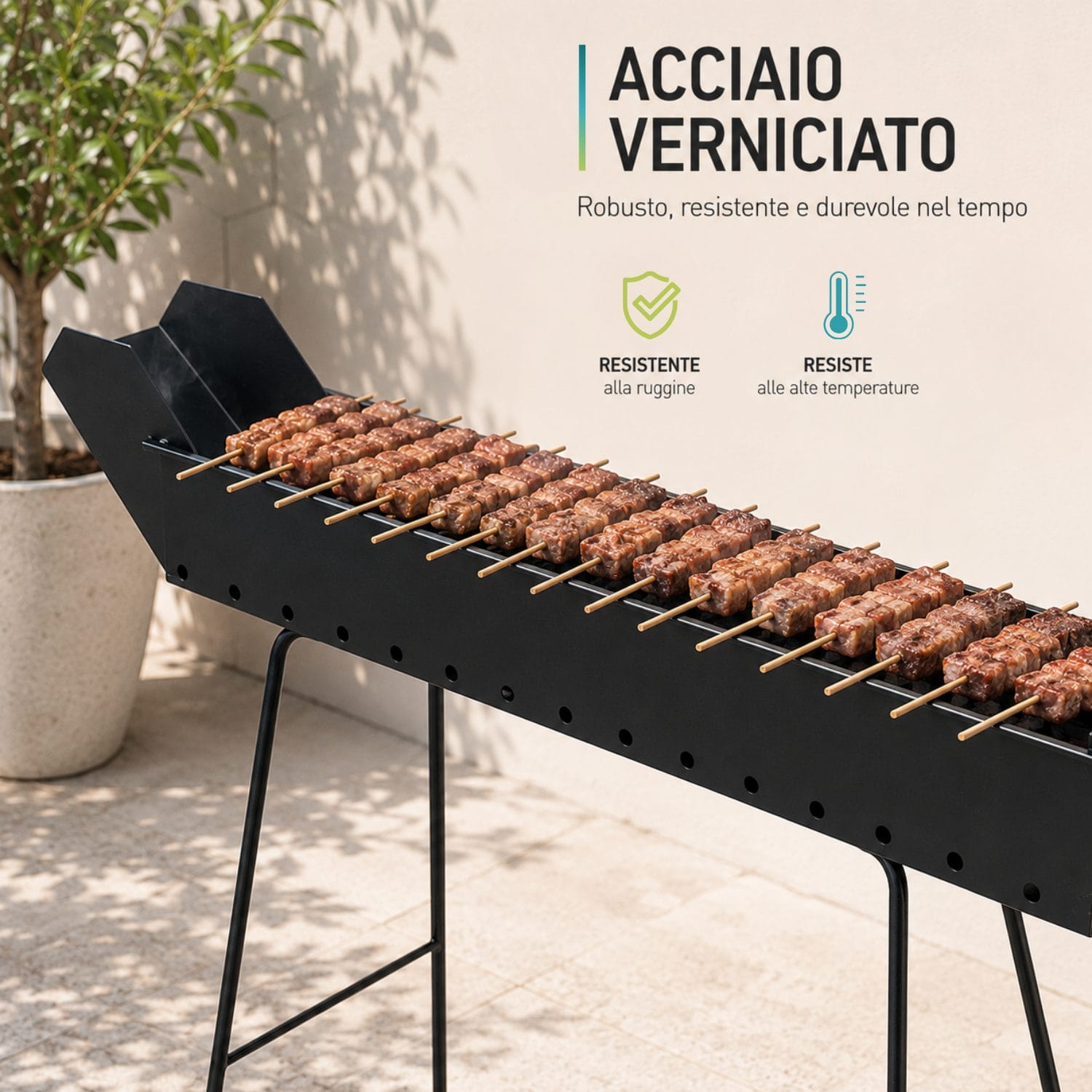 Barbecue per arrosticini a carbone in acciaio verniciato nero con spiedini in cottura e struttura su gambe pieghevoli