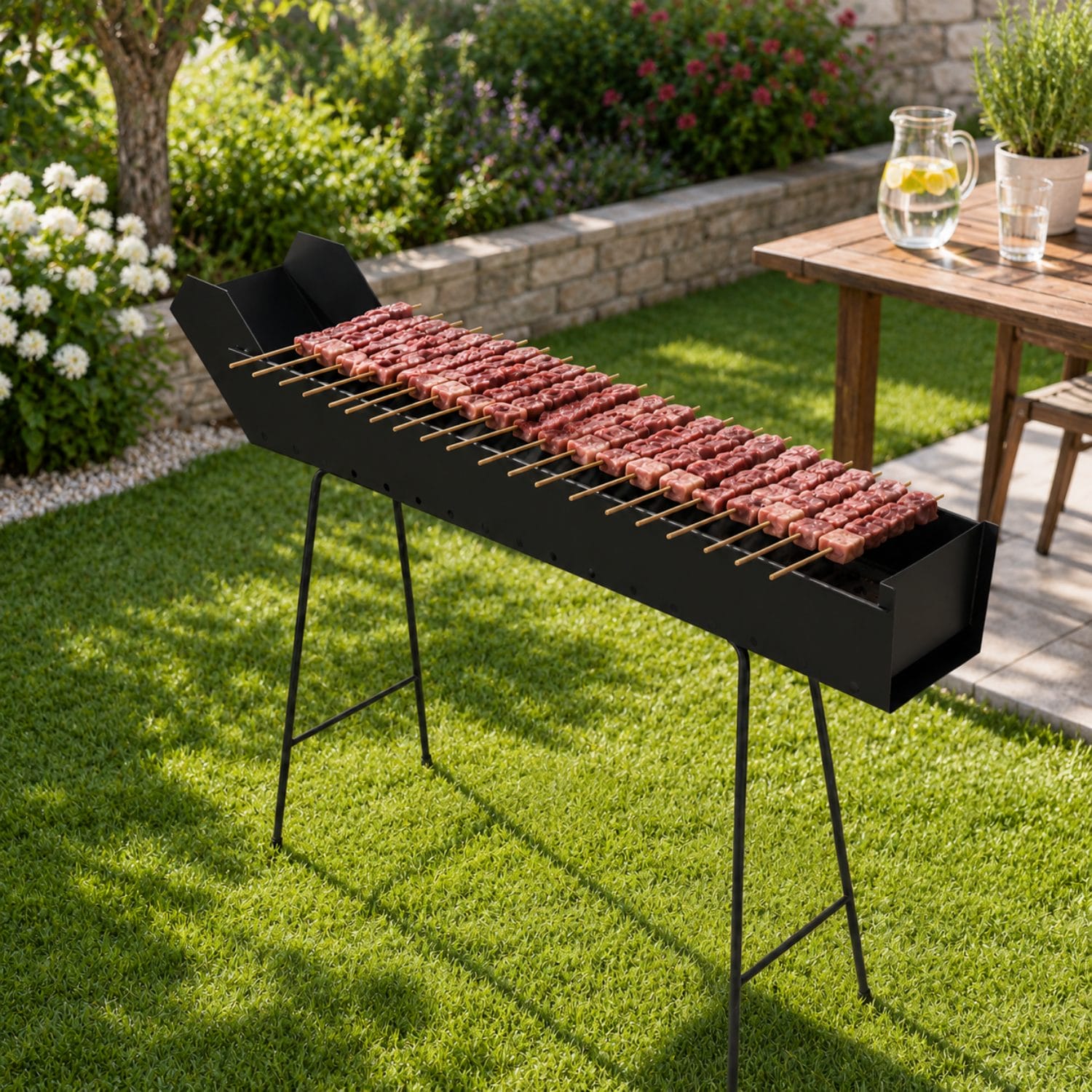 Barbecue a canaletta per arrosticini con numerosi spiedini su brace, posizionato in giardino con gambe pieghevoli