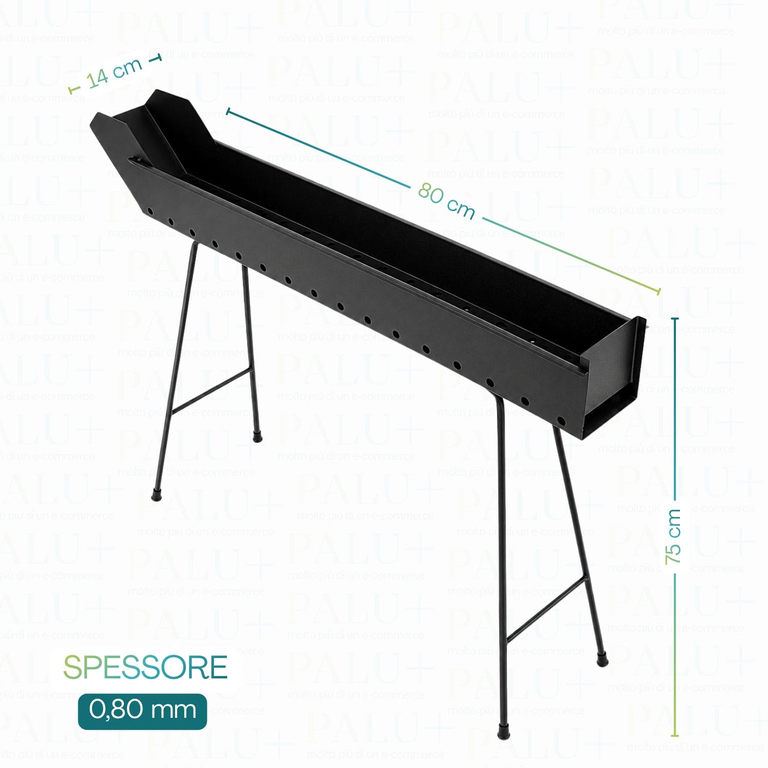 Barbecue a canaletta in acciaio verniciato nero da 80 cm con gambe pieghevoli e struttura rialzata