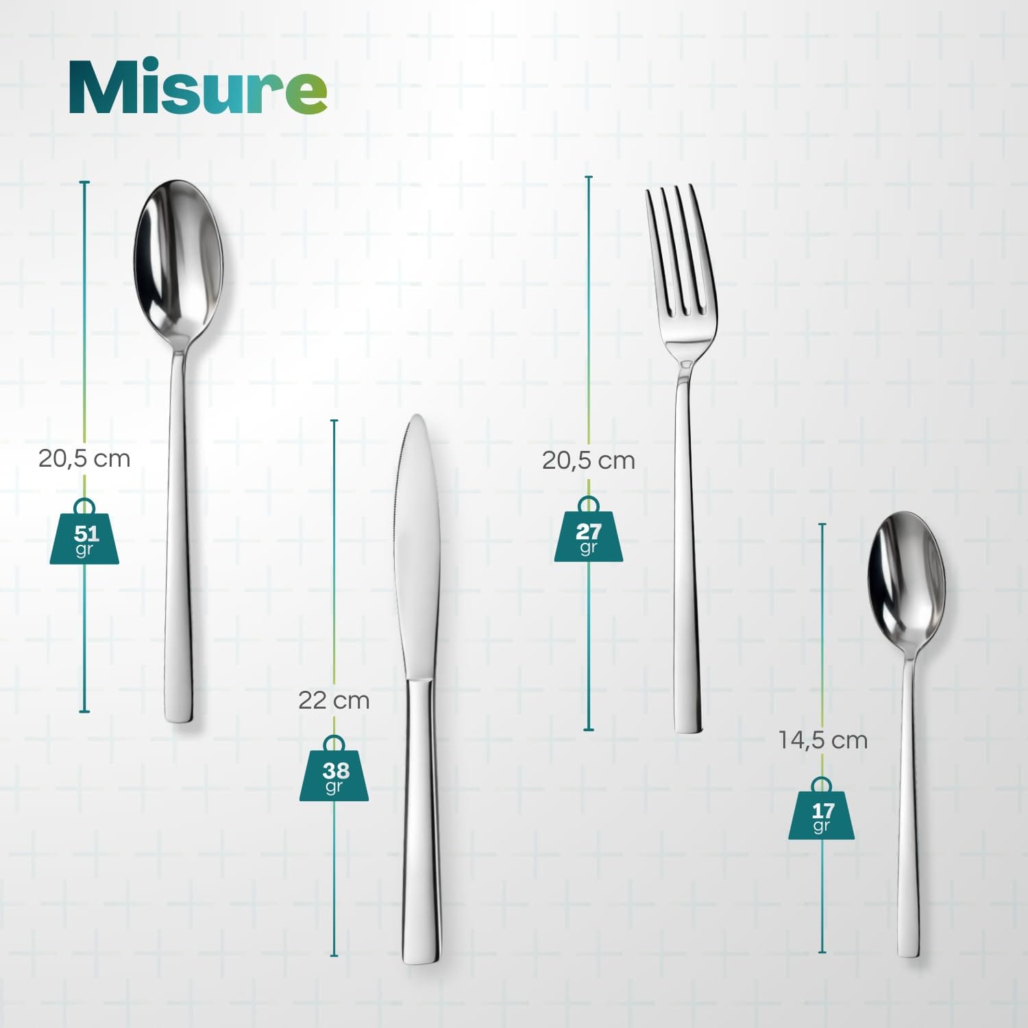 misure-set-posate-acciaio Misure e peso di forchetta coltello cucchiaio e cucchiaino in acciaio inox