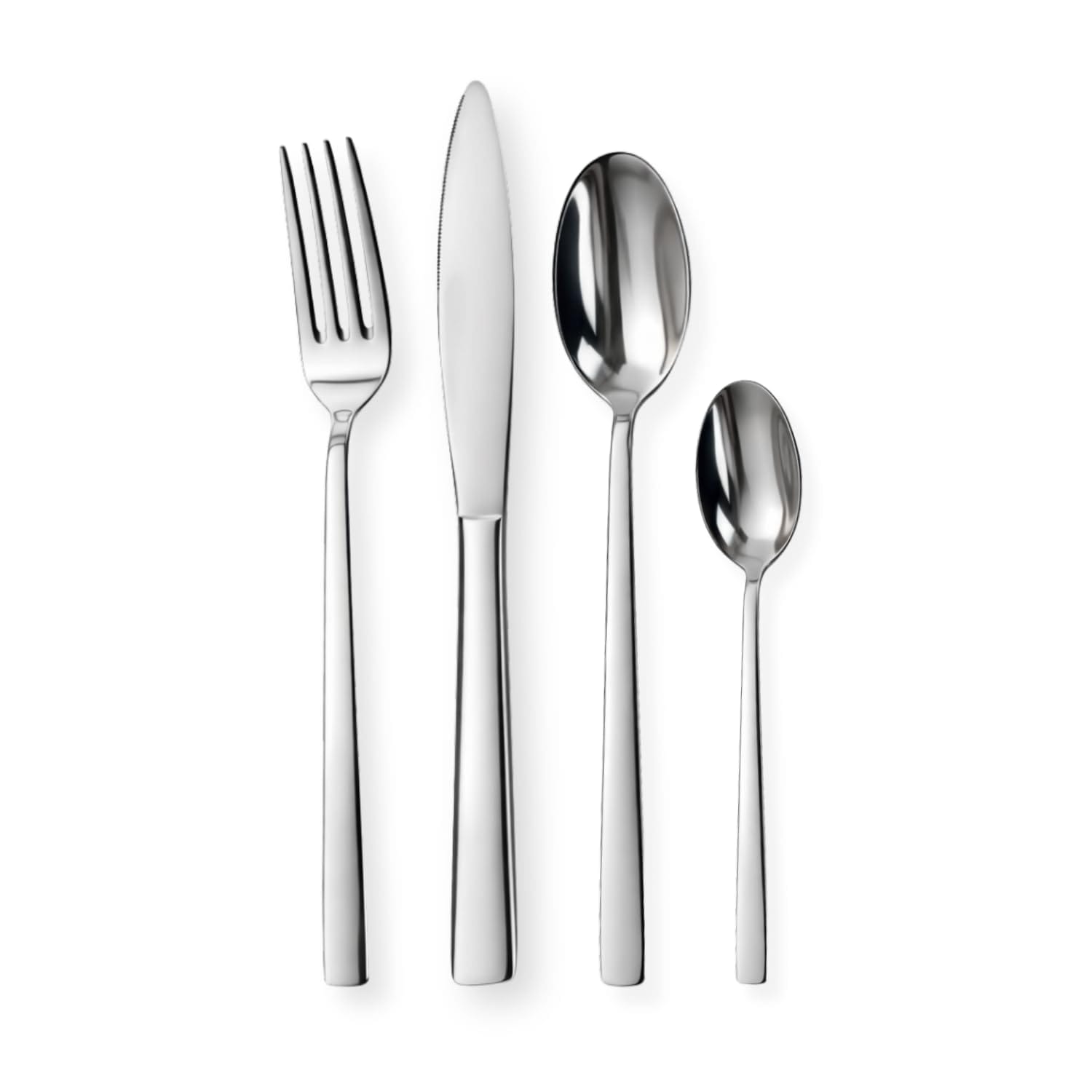principale-set-posate-acciaio Set posate in acciaio inox con forchetta coltello cucchiaio e cucchiaino su sfondo bianco