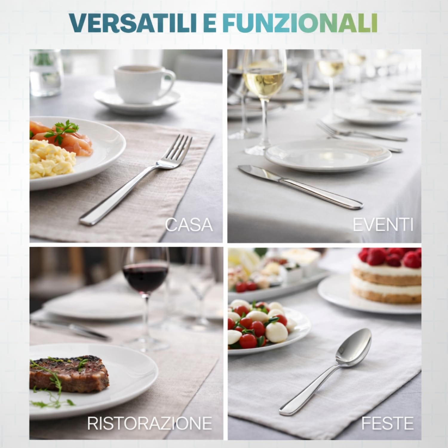 versatilita-set-posate-acciaio Set posate in acciaio inox utilizzabile per casa, eventi, ristorazione e feste