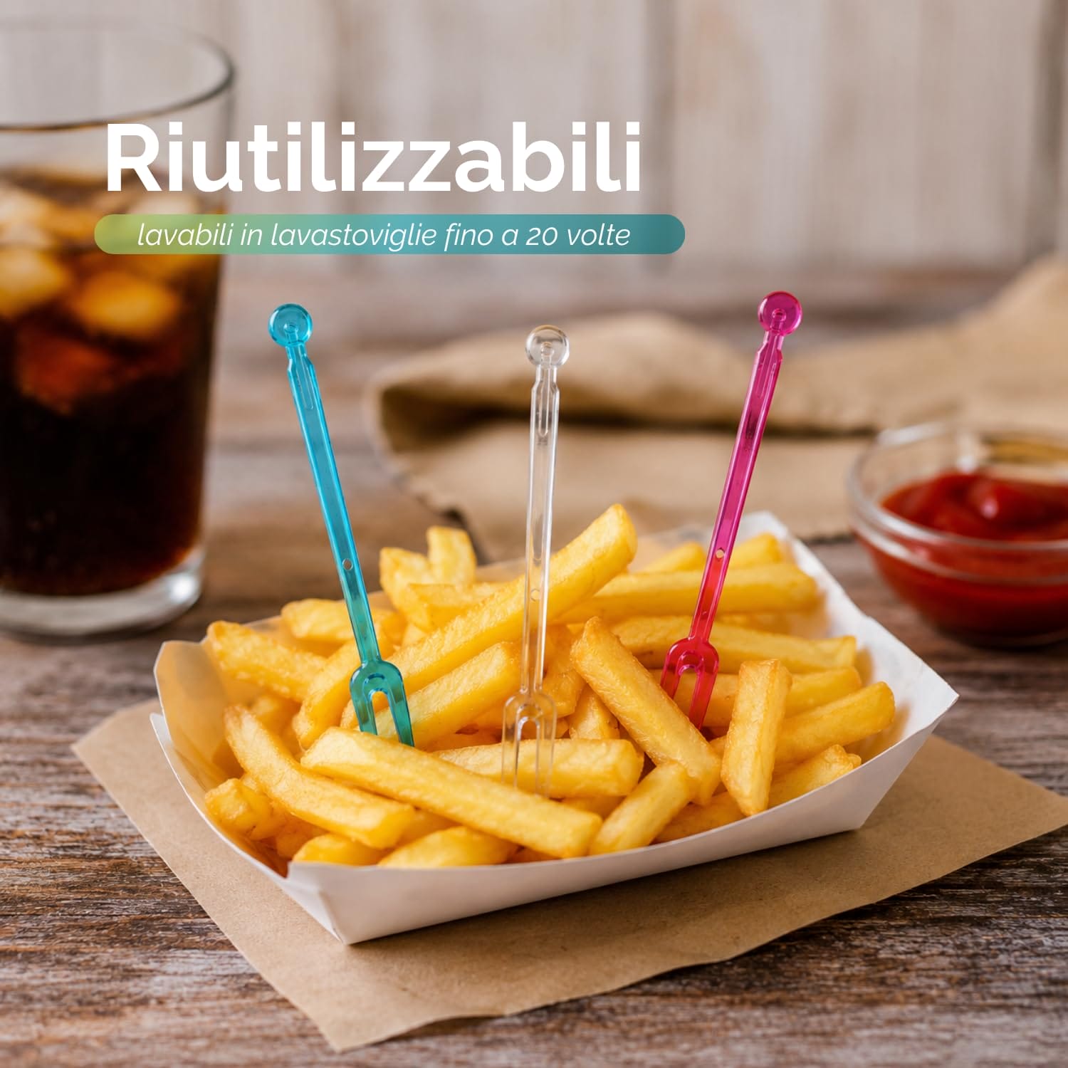 Forchettine riutilizzabili lavabili in lavastoviglie per patatine, aperitivi e finger food colorate