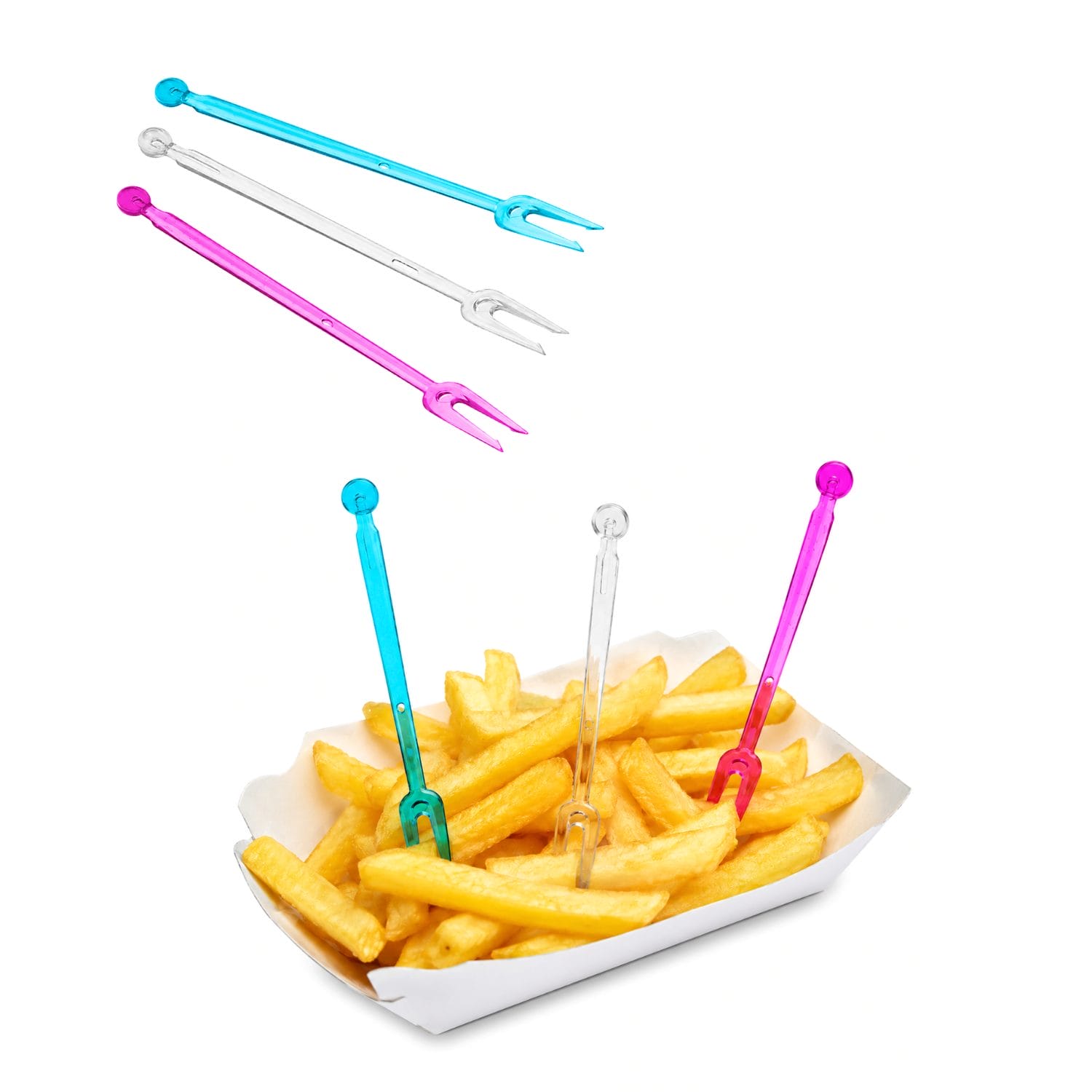 Forchettine colorate riutilizzabili per patatine, finger food e snack da aperitivo in plastica resistente