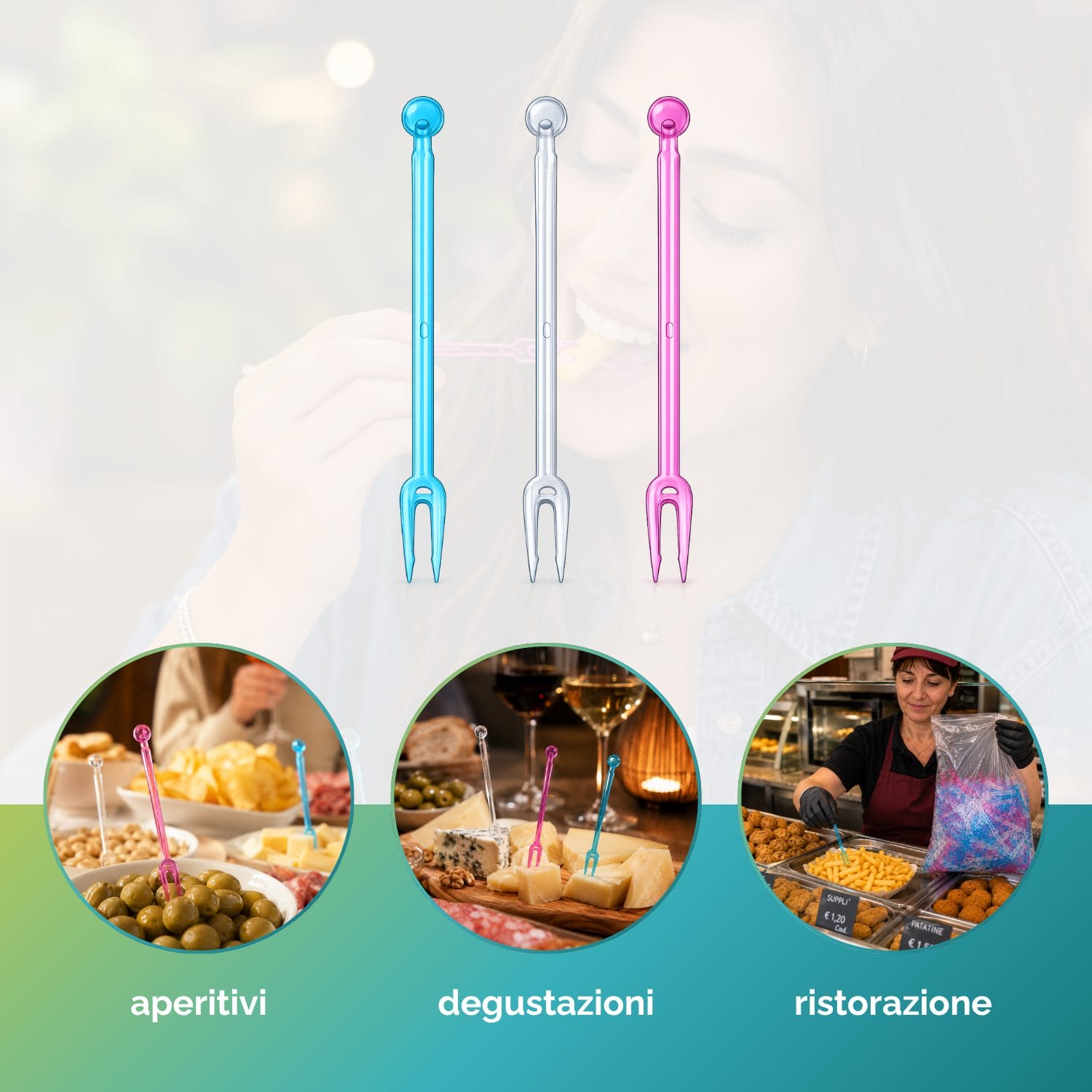 Forchettine a 2 punte riutilizzabili per aperitivi, degustazioni, buffet e finger food colorate