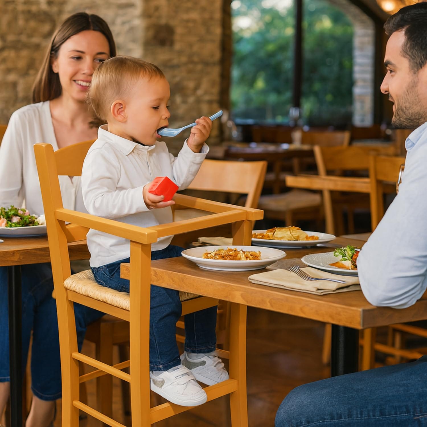 Bambino mangia al tavolo seduto su seggiolone in legno di faggio ciliegio con seduta in paglia