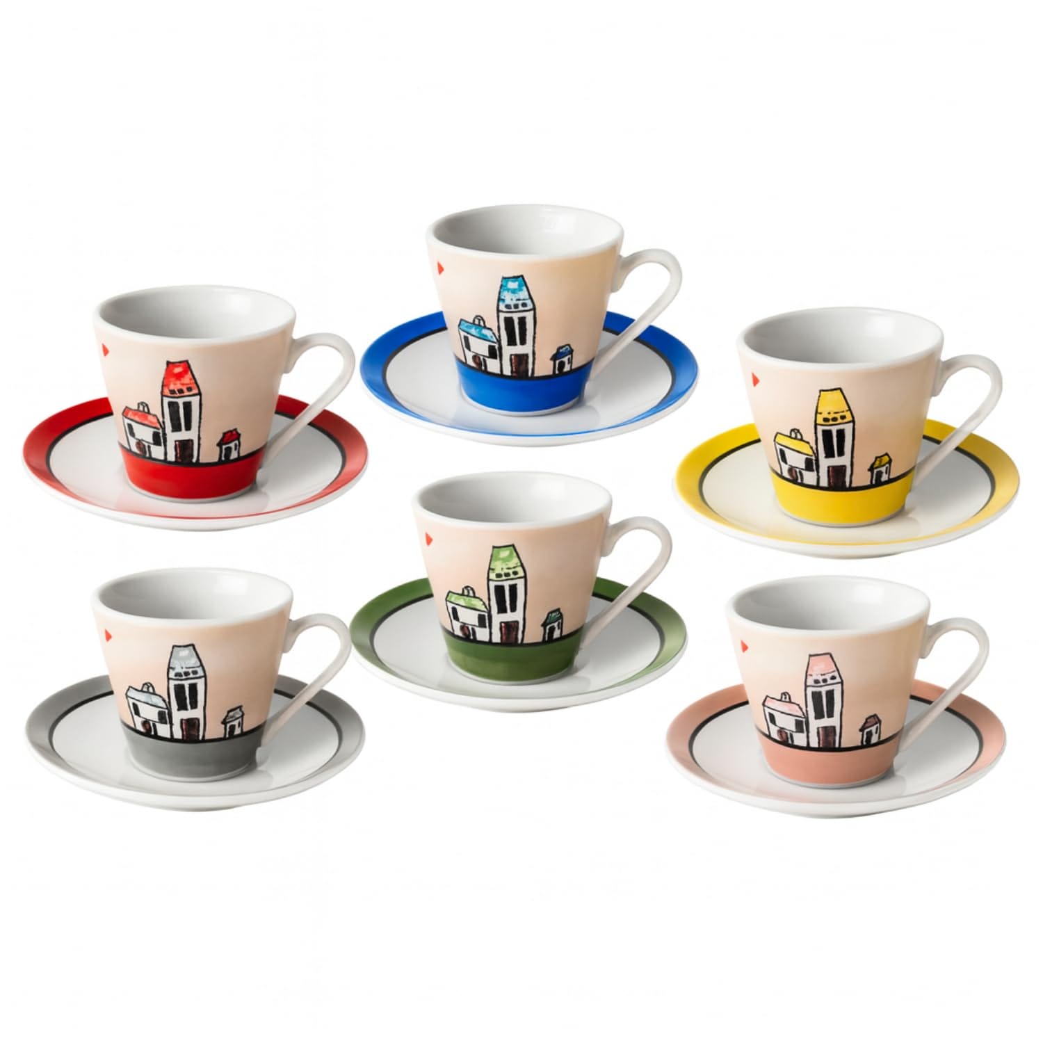 Set 6 tazzine caffè porcellana fantasia casette con piattini colorati