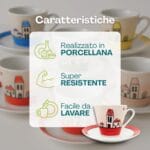Set tazzine caffè porcellana fantasia casette resistente e facile da lavare