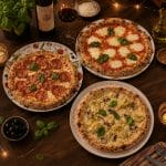Tre pizze gourmet servite sui piatti decorati durante una cena su tavolo in legno con vino rosso e basilico