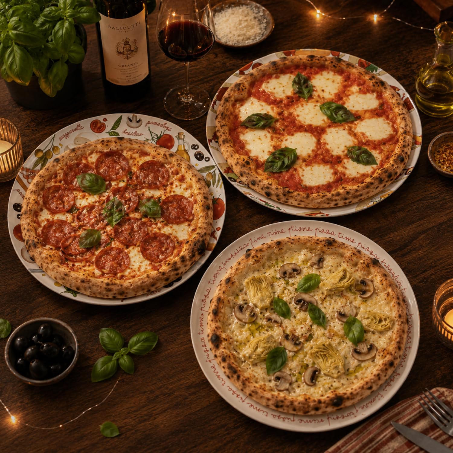 Tre pizze gourmet servite sui piatti decorati durante una cena su tavolo in legno con vino rosso e basilico