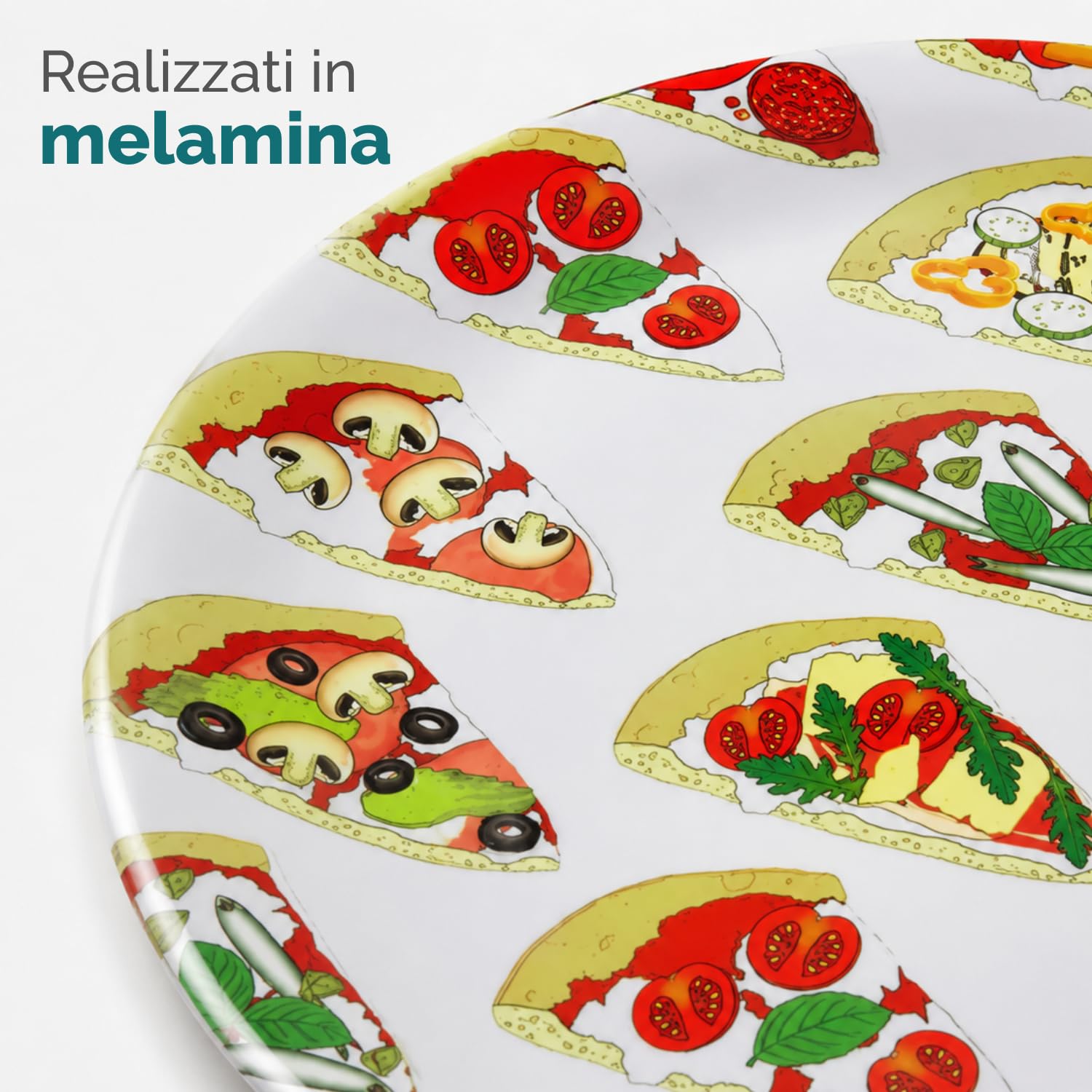 Primo piano ravvicinato della superficie lucida del piatto stampato con la scritta informativa realizzati in melamina