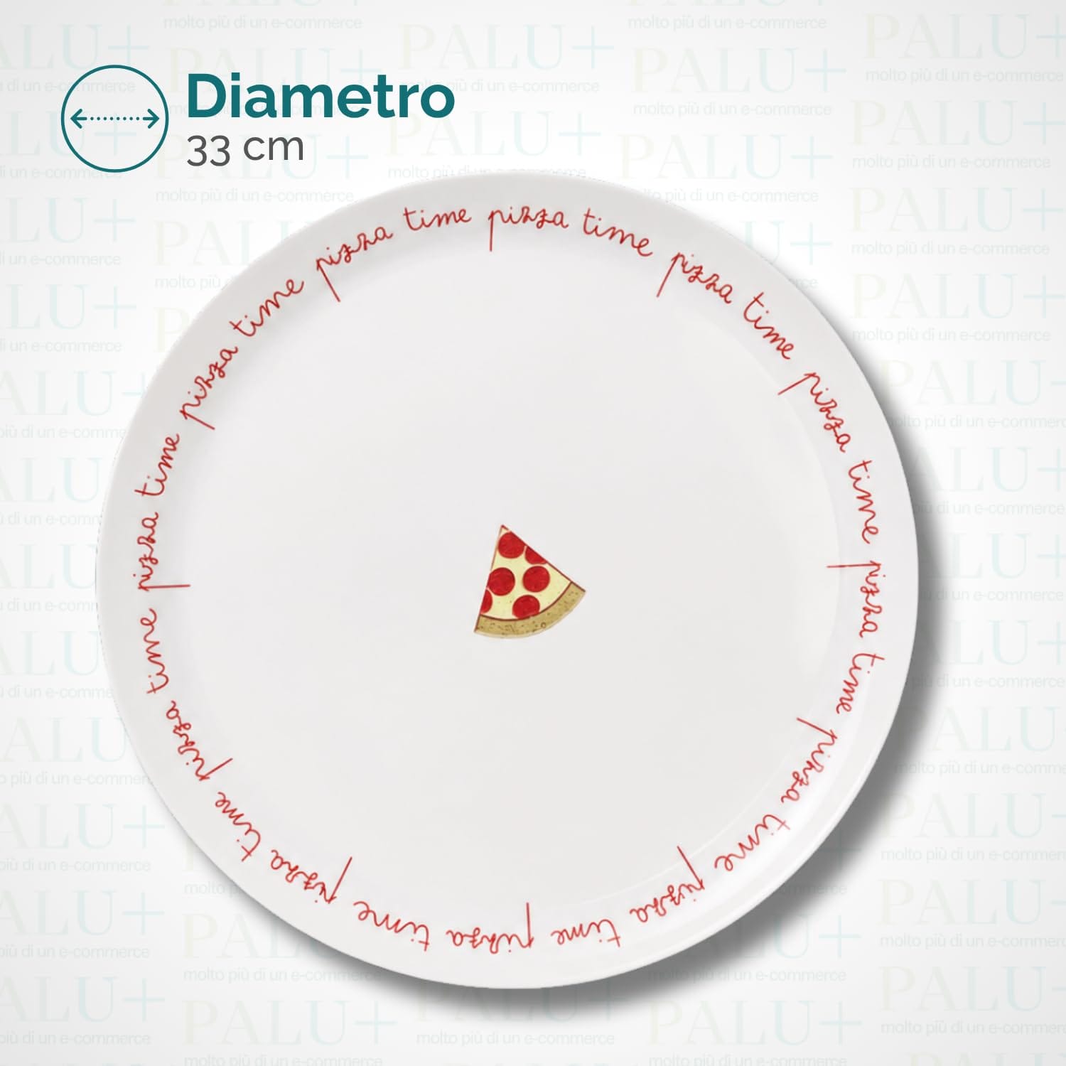 Piatto bianco con scritta circolare rossa e disegno centrale con indicazione infografica del diametro di 33 cm