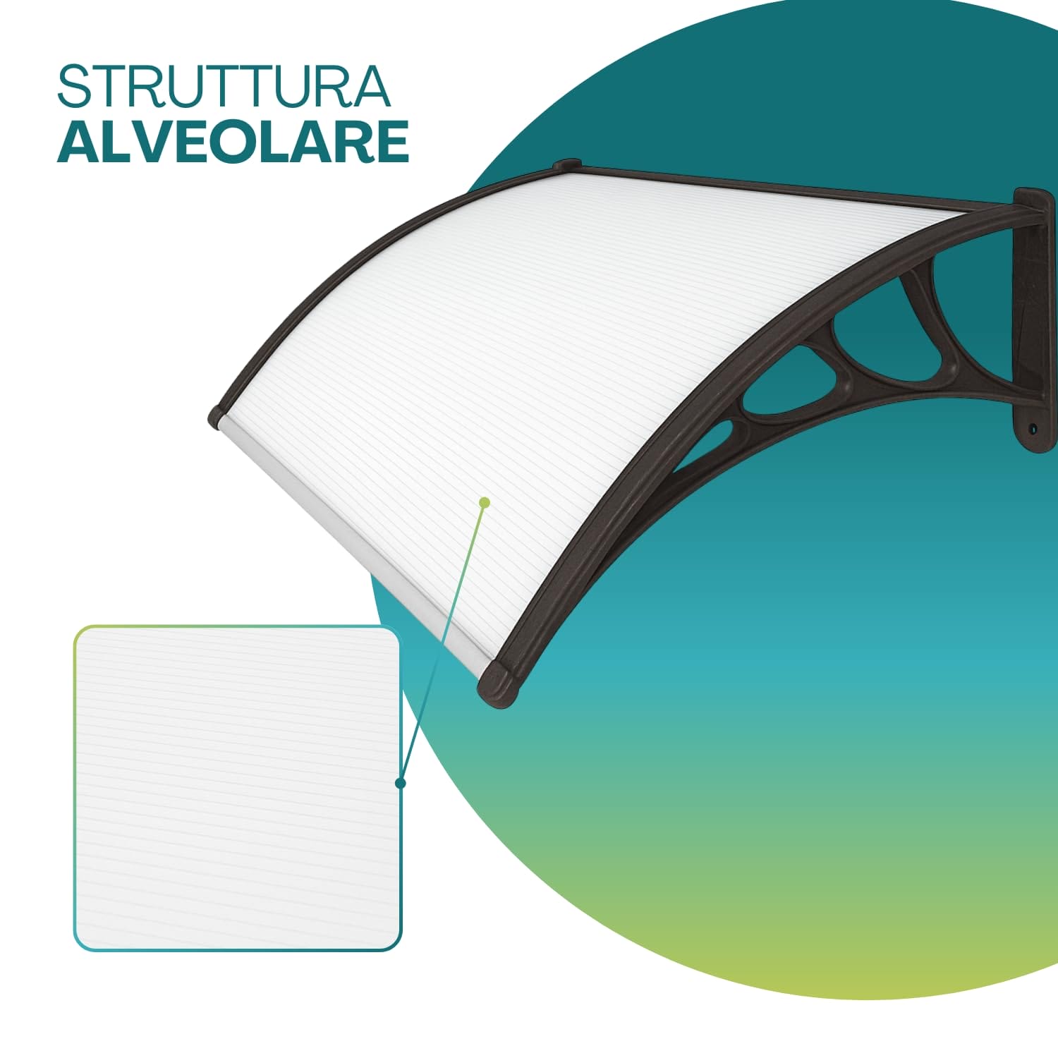 Pensilina trasparente con struttura alveolare resistente e supporto in ABS