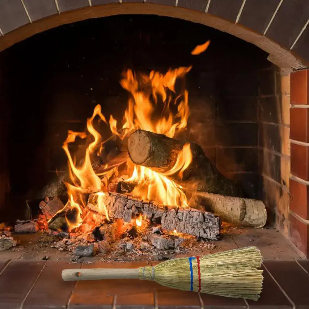 scopetta in saggina 2 fili con manico in legno, ideale per camino, stufe e pulizie rustiche