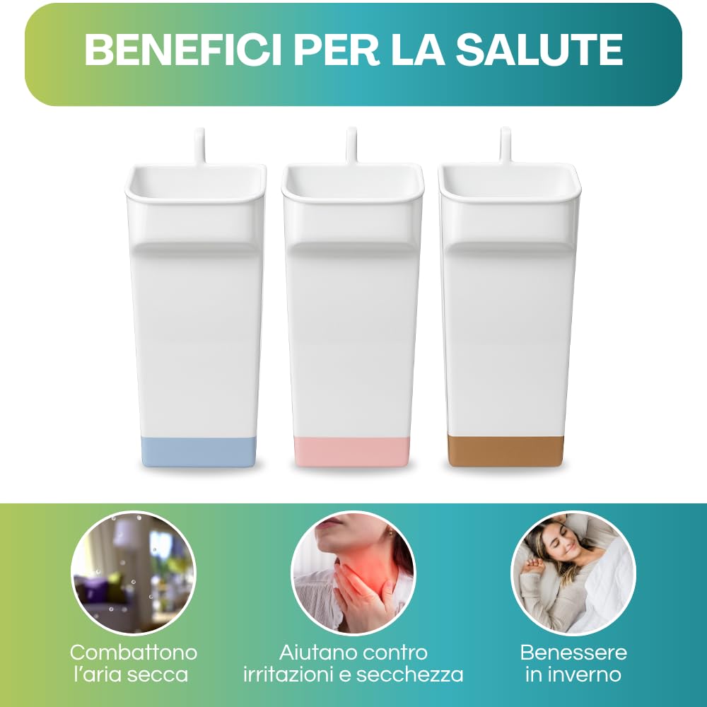 Set porta acqua per termosifoni in plastica con evaporatori appesi, ideali per contrastare l’aria secca in casa