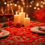 Petali di rosa artificiali rossi decorativi su tavolo romantico con candele e calici, allestimento per San Valentino