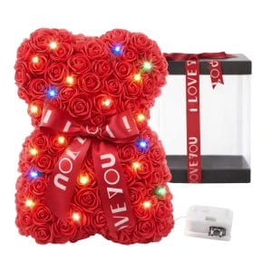 Orsetto di Rose Rosse Finte con LED da 16x17x20 cm
