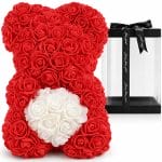 Orsetto di rose rosse artificiali con cuore bianco e scatola regalo