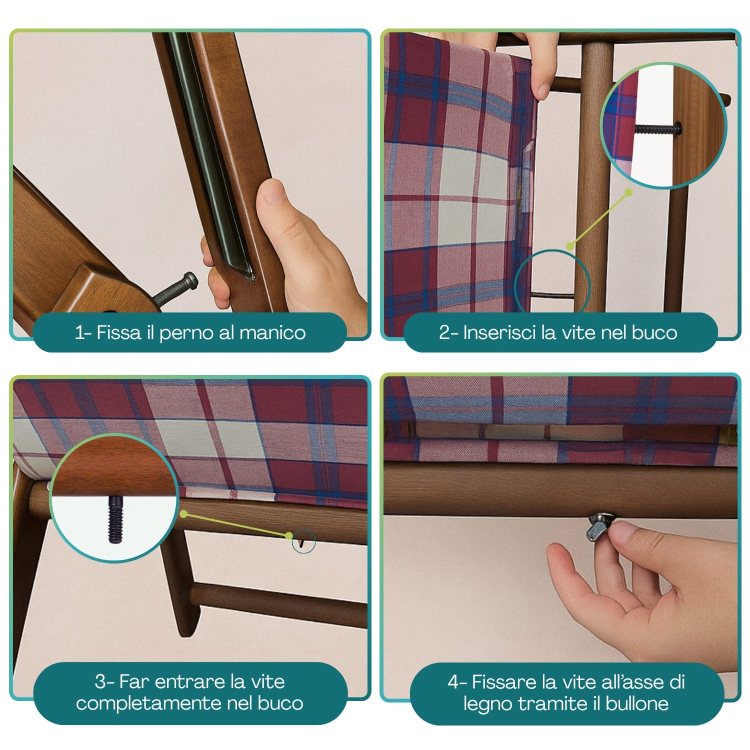 Istruzioni montaggio poltrona con schienale regolabile, fissaggio perno e viti