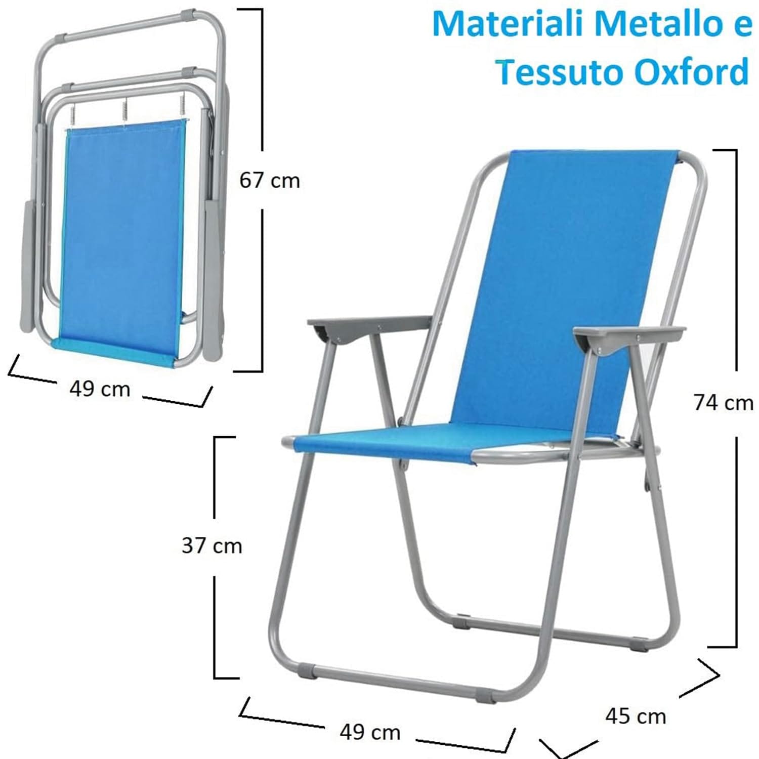Misure sedia spiaggia pieghevole 49x45x74 cm in metallo e tessuto Oxford azzurro