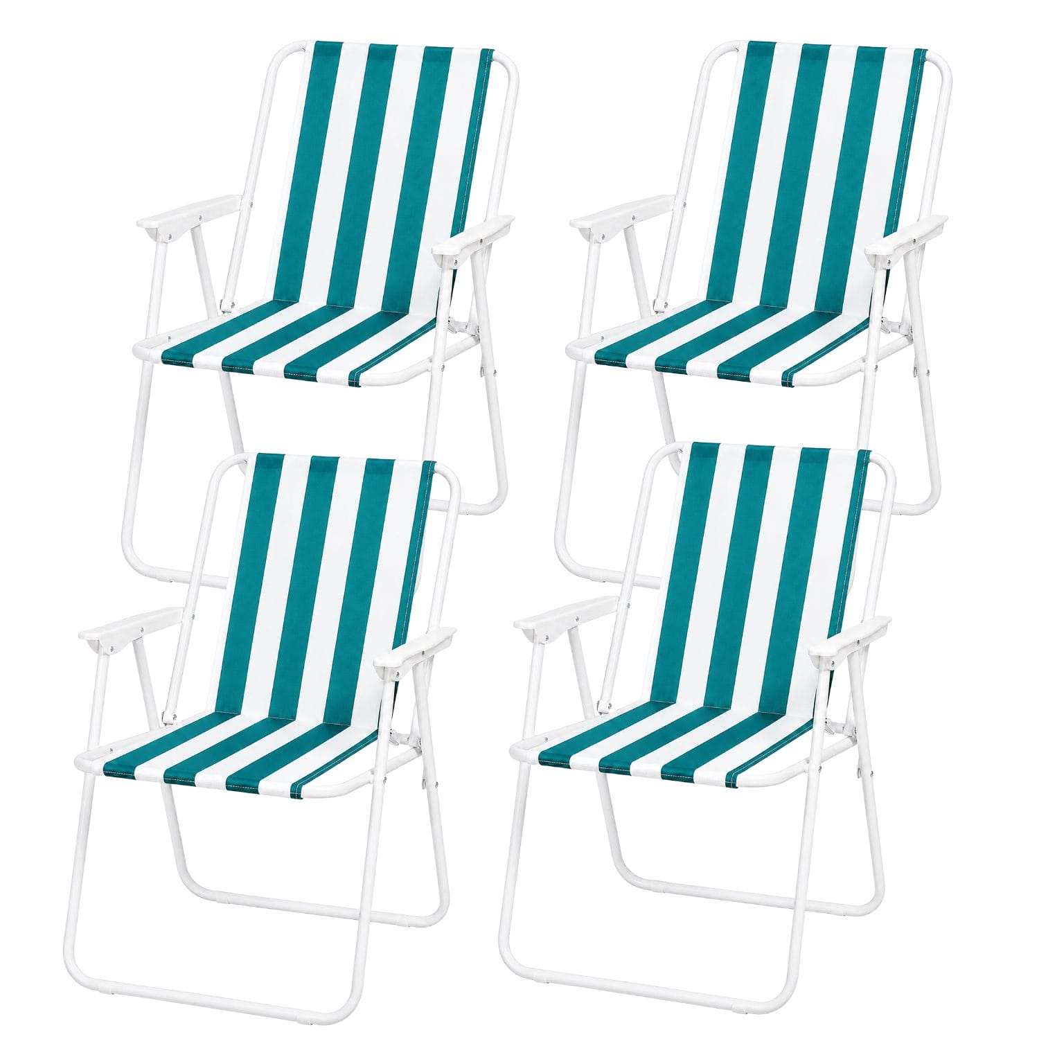 Set 4 spiaggine pieghevoli a righe verde acqua Quattro sedie pieghevoli da spiaggia a righe verde acqua e bianche con struttura in metallo bianco