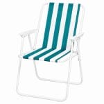 Sedia pieghevole da mare a righe verde acqua e bianche con braccioli e struttura in metallo bianco