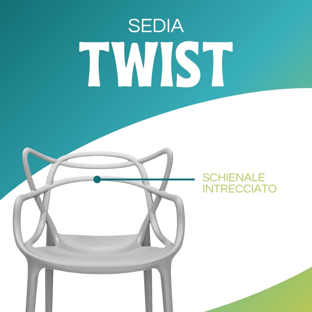 Sedia Maestro grigia in polipropilene con schienale intrecciato e braccioli ergonomici - modello Twist