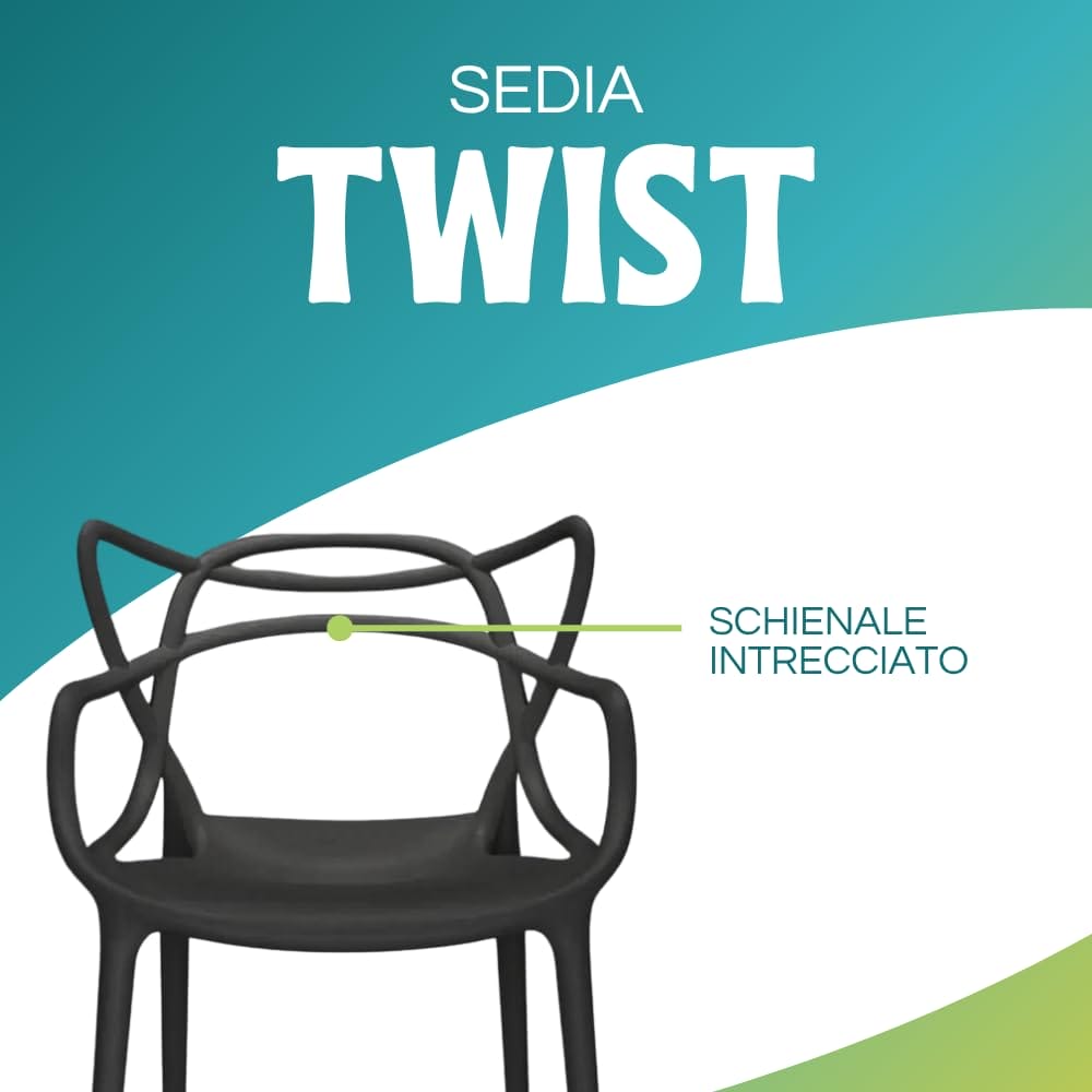 Sedia Maestro nera in polipropilene con schienale intrecciato e braccioli ergonomici - modello Twist