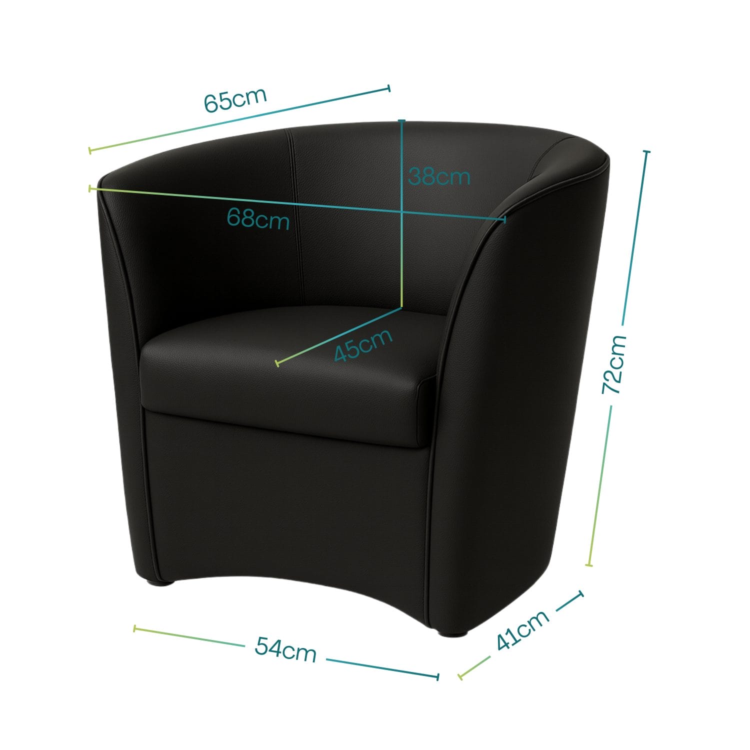 Poltrona a pozzetto nera in ecopelle con misure dettagliate 65x72x54 cm