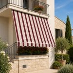 Tenda da sole cassonata rigata bordeaux per esterni Tenda da sole a caduta rigata bordeaux e avorio installata su balcone con mantovana ondulata frontale