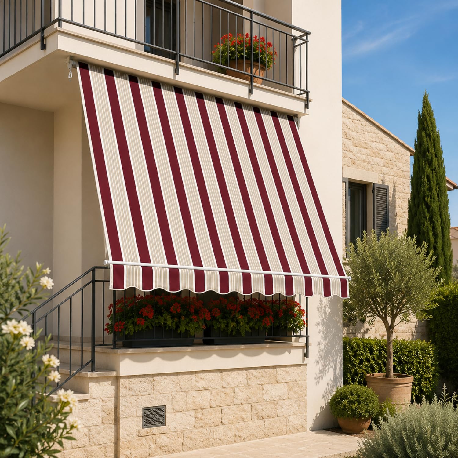 Tenda da sole cassonata rigata bordeaux per esterni Tenda da sole a caduta rigata bordeaux e avorio installata su balcone con mantovana ondulata frontale