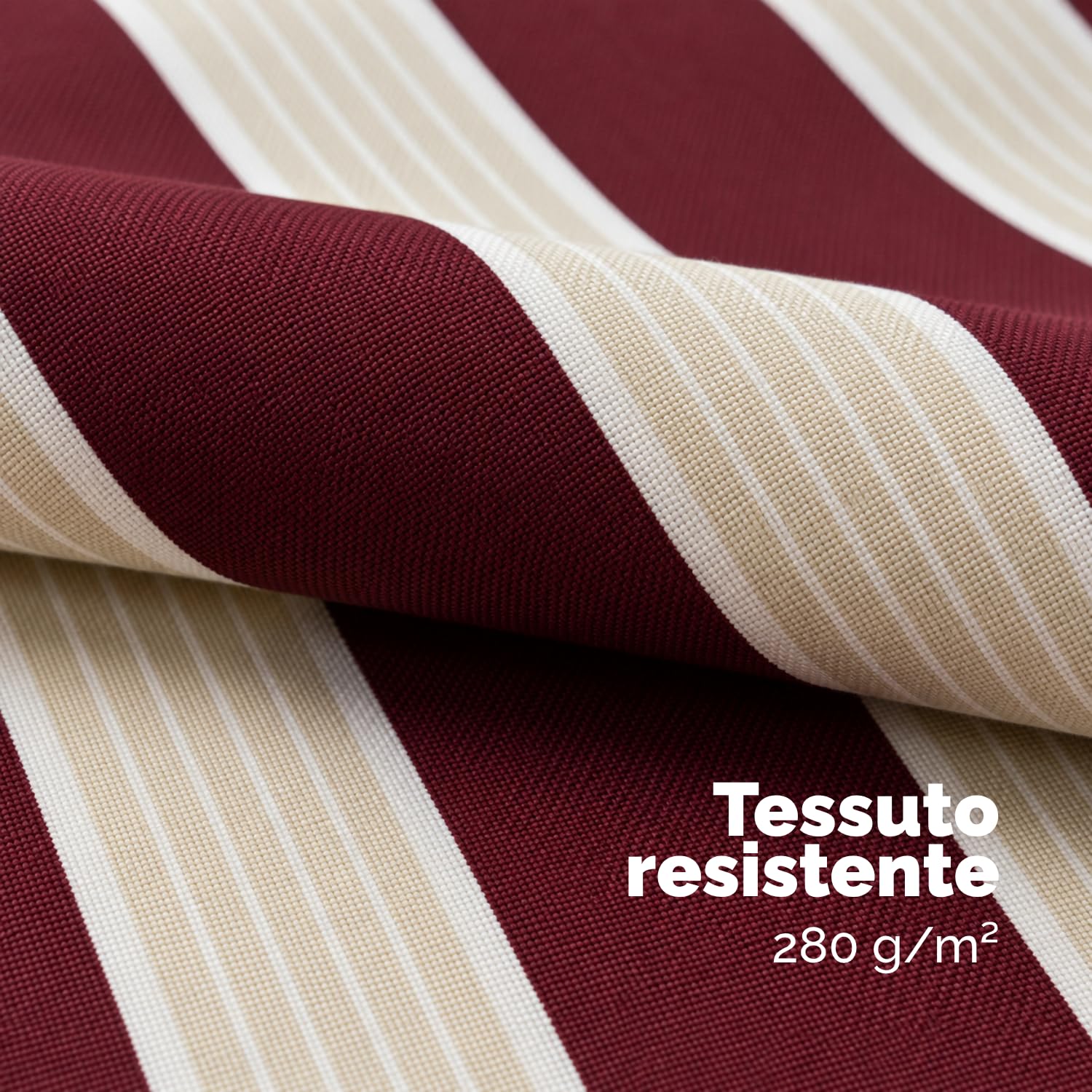 Telo rigato bordeaux e beige per tenda da sole impermeabile Dettaglio del telo rigato bordeaux e beige da esterno con trama resistente per tenda da sole schermante