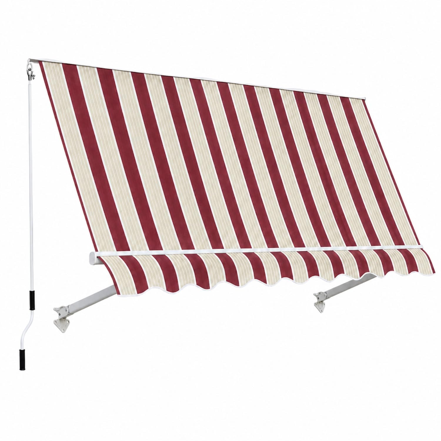 Tenda da sole rigata bordeaux per schermatura esterna Tenda da sole a caduta rigata bordeaux e avorio con manovella di regolazione e supporti laterali