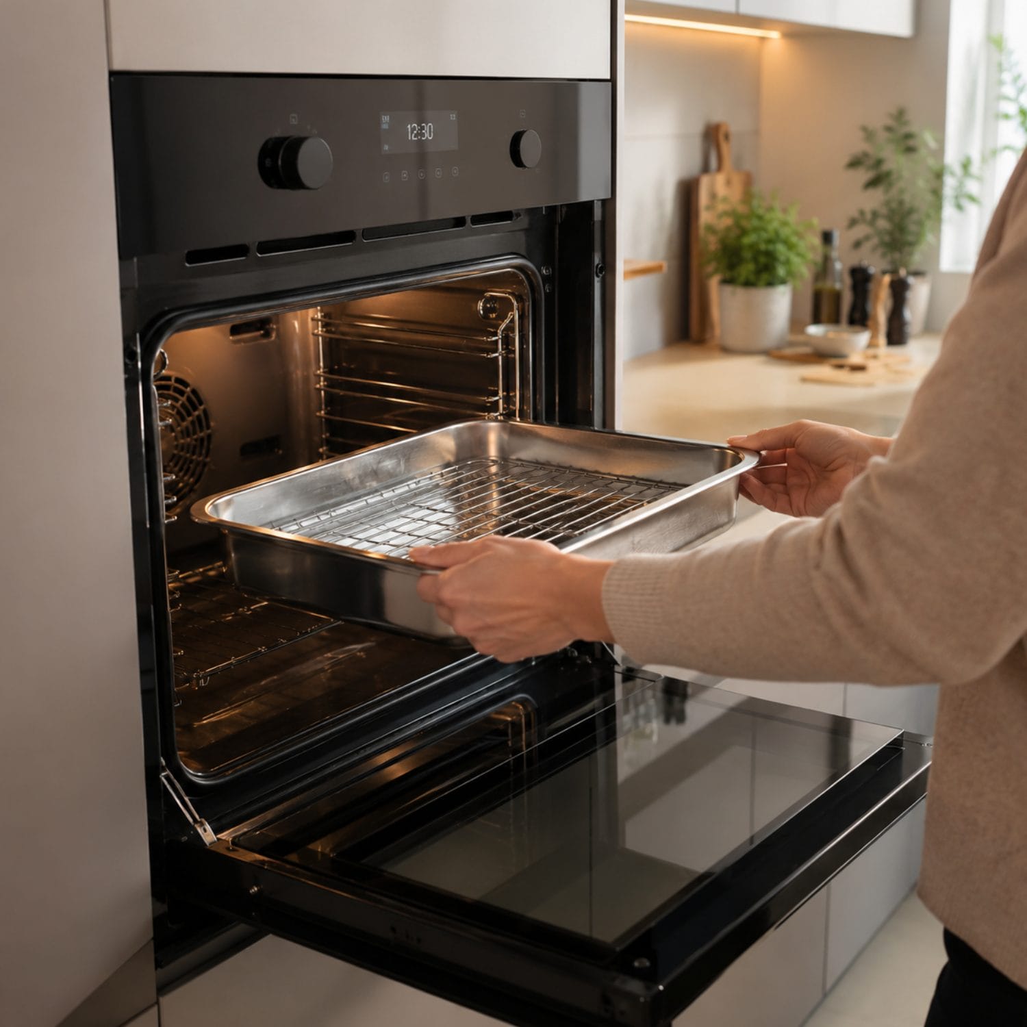 Griglia inox per cottura in forno Griglia rialzata in acciaio inox con teglia inserita nel forno per cotture uniformi