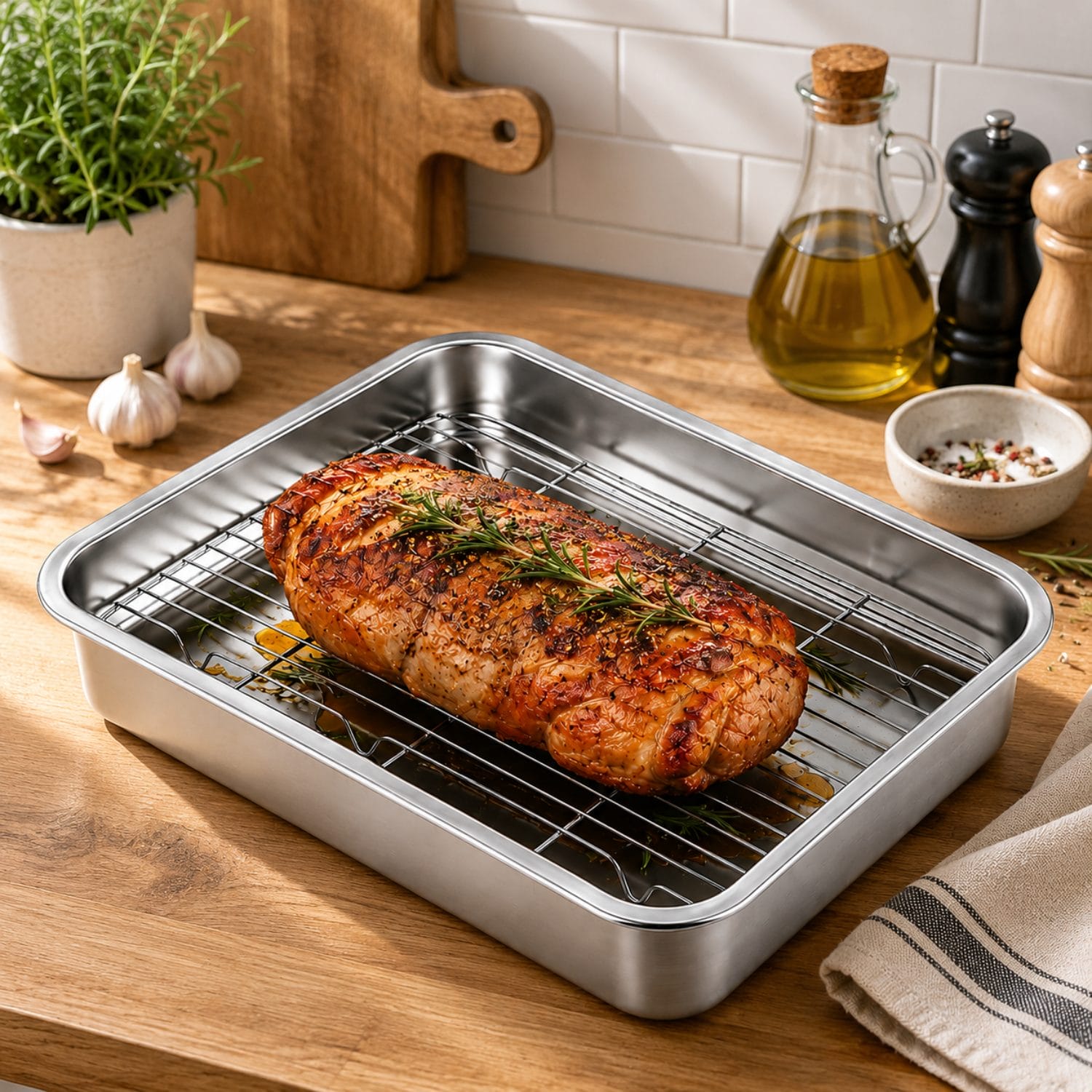 Griglia inox con teglia raccogli grassi Teglia con griglia rialzata in acciaio inox per arrosti con drenaggio dei grassi