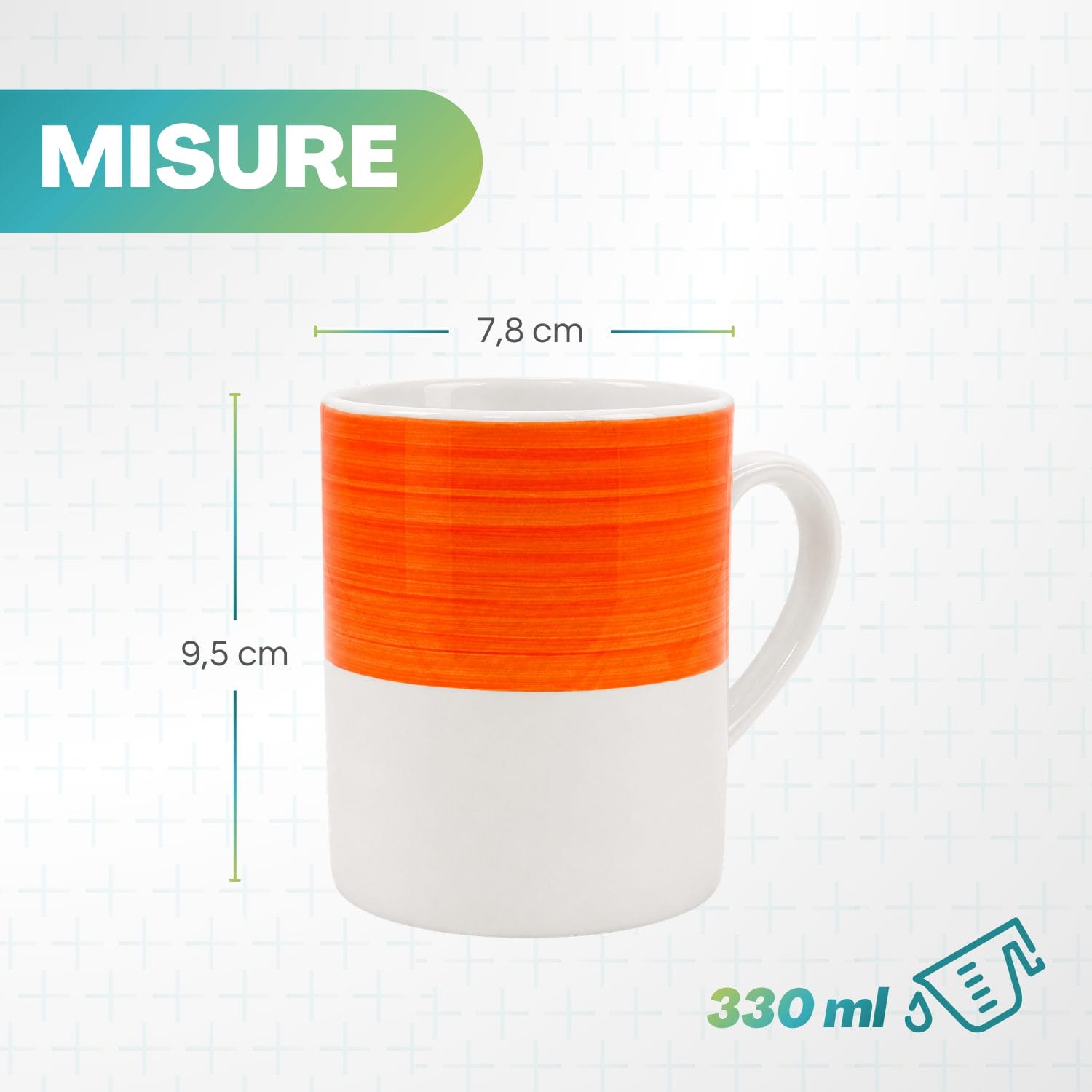 Dimensioni tazza porcellana 330 ml Tazza in porcellana da 330 ml con diametro 7,8 cm e altezza 9,5 cm
