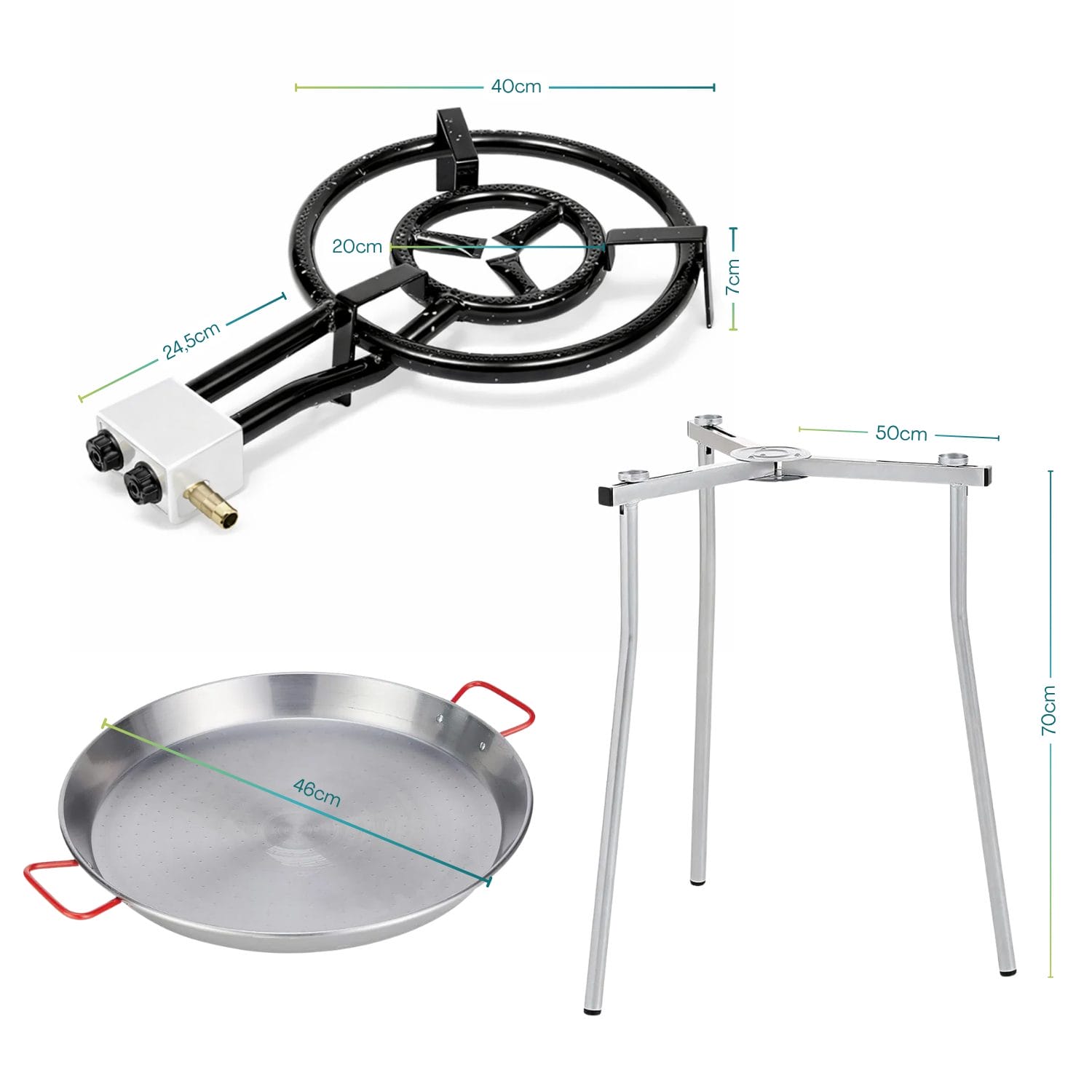 Set paellera completo 46 cm con bruciatore Set paellera a gas con padella paella 46 cm, treppiede regolabile e bruciatore a doppio fuoco