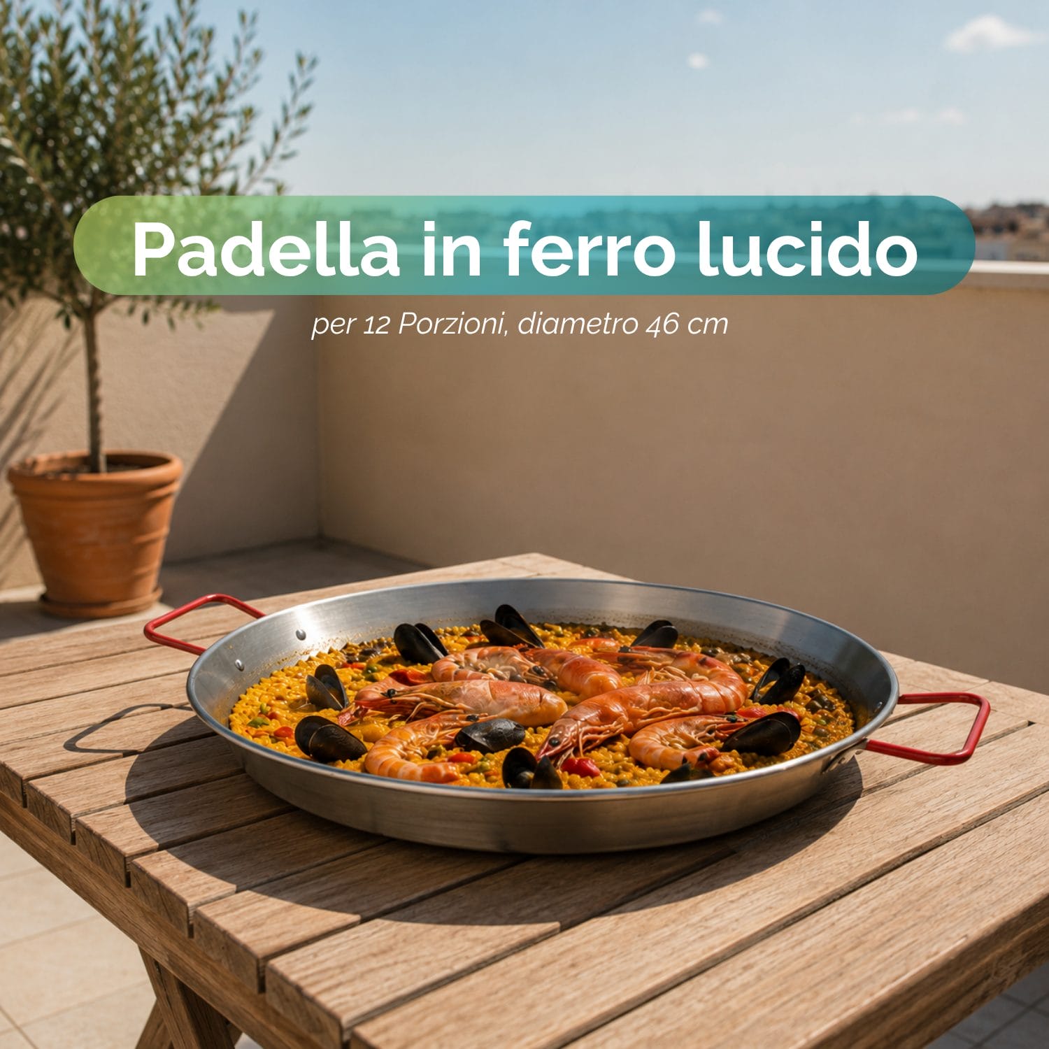 Padella paella 46 cm per 12 porzioni Padella per paella da 46 cm con paella di mare per 12 porzioni su tavolo da esterno