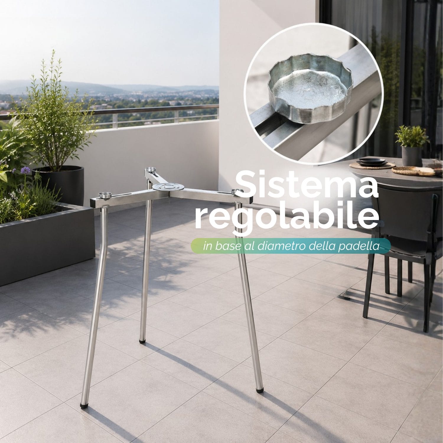 Treppiede regolabile per paellera Treppiede regolabile per paellera in metallo zincato compatibile con diverse dimensioni di padella