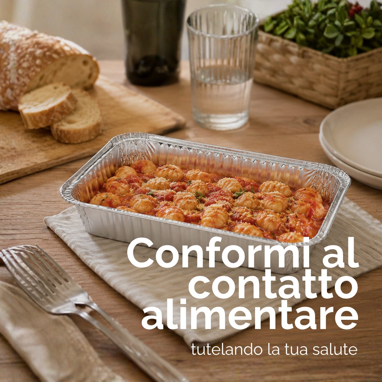 Contenitore alluminio 2 porzioni per alimenti con gnocchi al sugo, idoneo al contatto alimentare