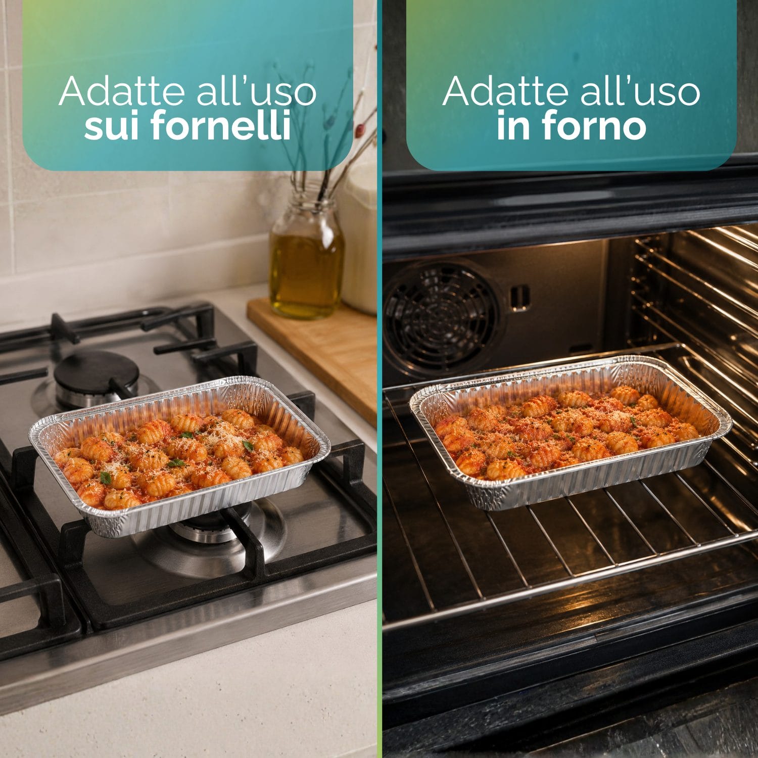 Contenitore in alluminio 2 porzioni adatto a forno e fornelli per cottura e riscaldamento alimenti